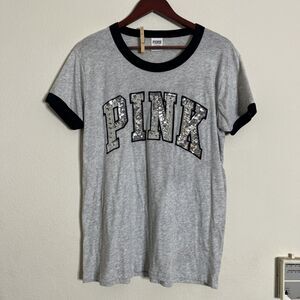Victoria Secret Pink SZ L Gray Women Short Sleeve Sequin Spell Out T Shirt Top
